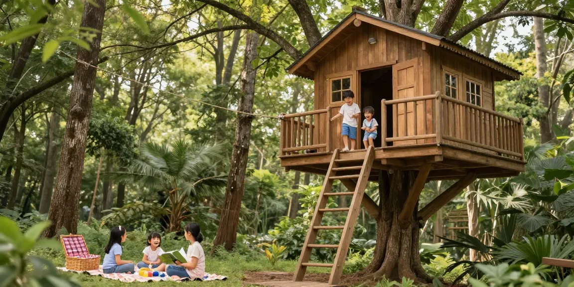 Family enjoying outdoor fun in a treehouse surrounded by lush greenery.