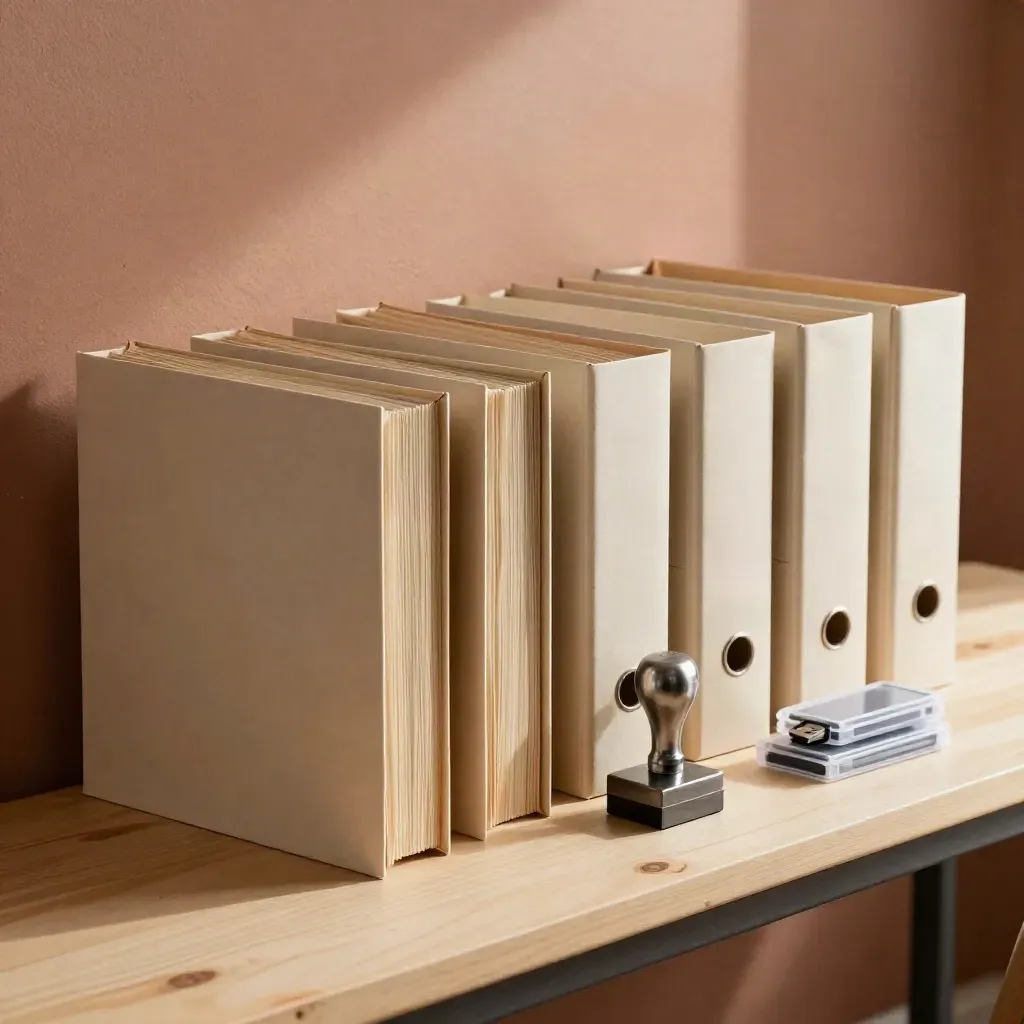 Archive sleeves, library boxes, metal stamp and USB cases on a sunlit packing bench.