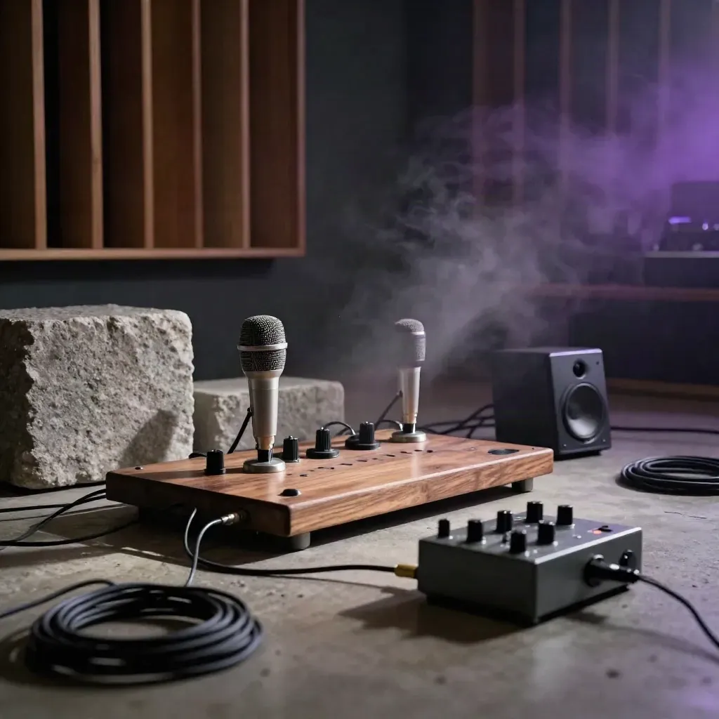 Moody soundscape room with contact mics, diffuser stones, a speaker and loop pedal in violet haze.