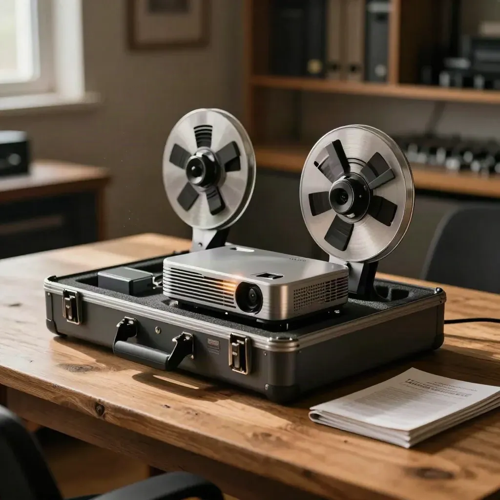 Mastering bench with reel cans, hard case, and compact projector in warm studio light.