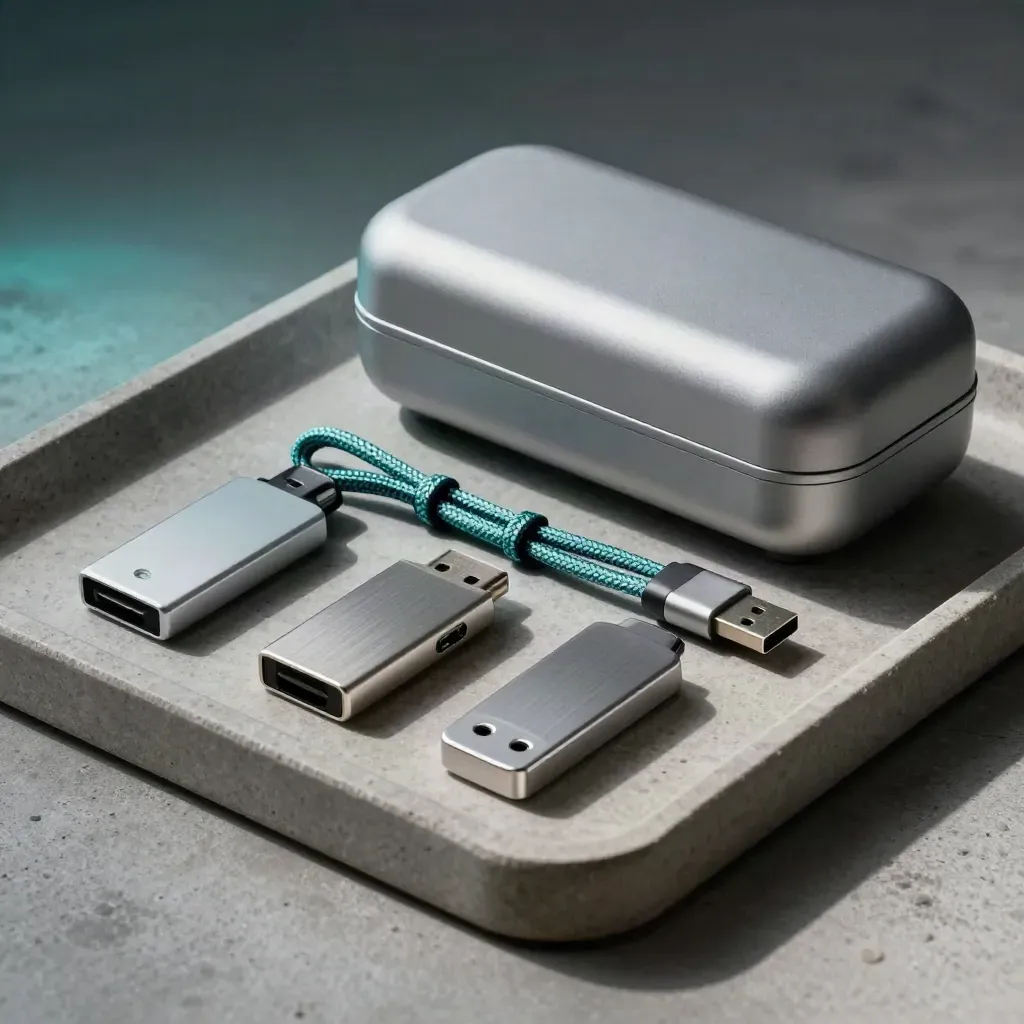 USB drives, braided cable, and shipping case on a stone tray with soft side light