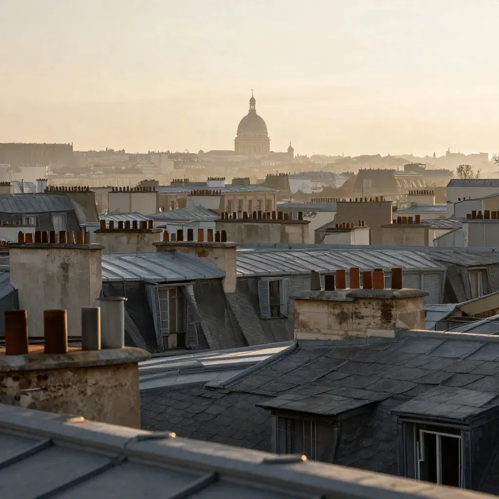 Paris rooftops and a distant dome glowing through warm fog at golden hour.